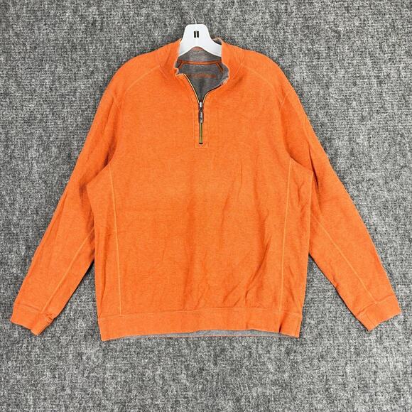 Tommy Bahama Sweater Mens Large Orange Reversible Heavyweight Quarter Zip Ribbed - Picture 1 of 11